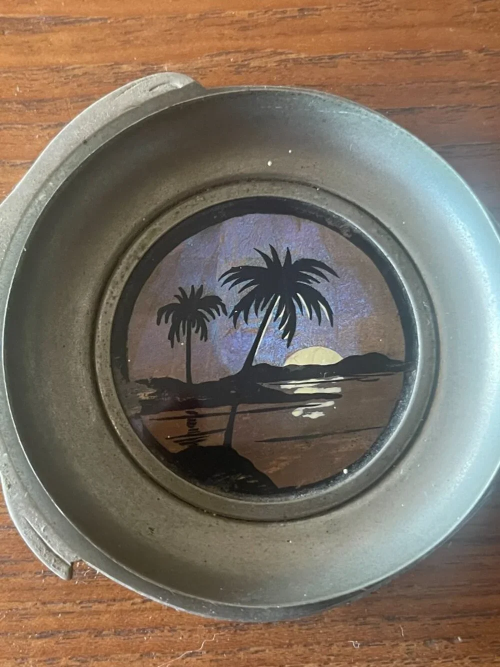 Art Deco Butterfly Reverse Painted Glass Pewter Fish Ash Tray